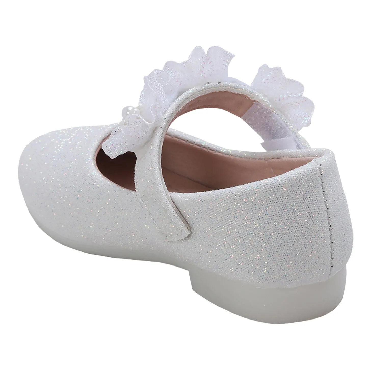 Baby Moo Mary Jane Glittery Floral Applique On Velcro Strap Anti-Skid Ballerina Shoes - White