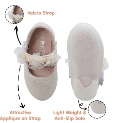 Baby Moo Mary Jane Glittery Floral Applique On Velcro Strap Anti-Skid Ballerina Shoes - Gold