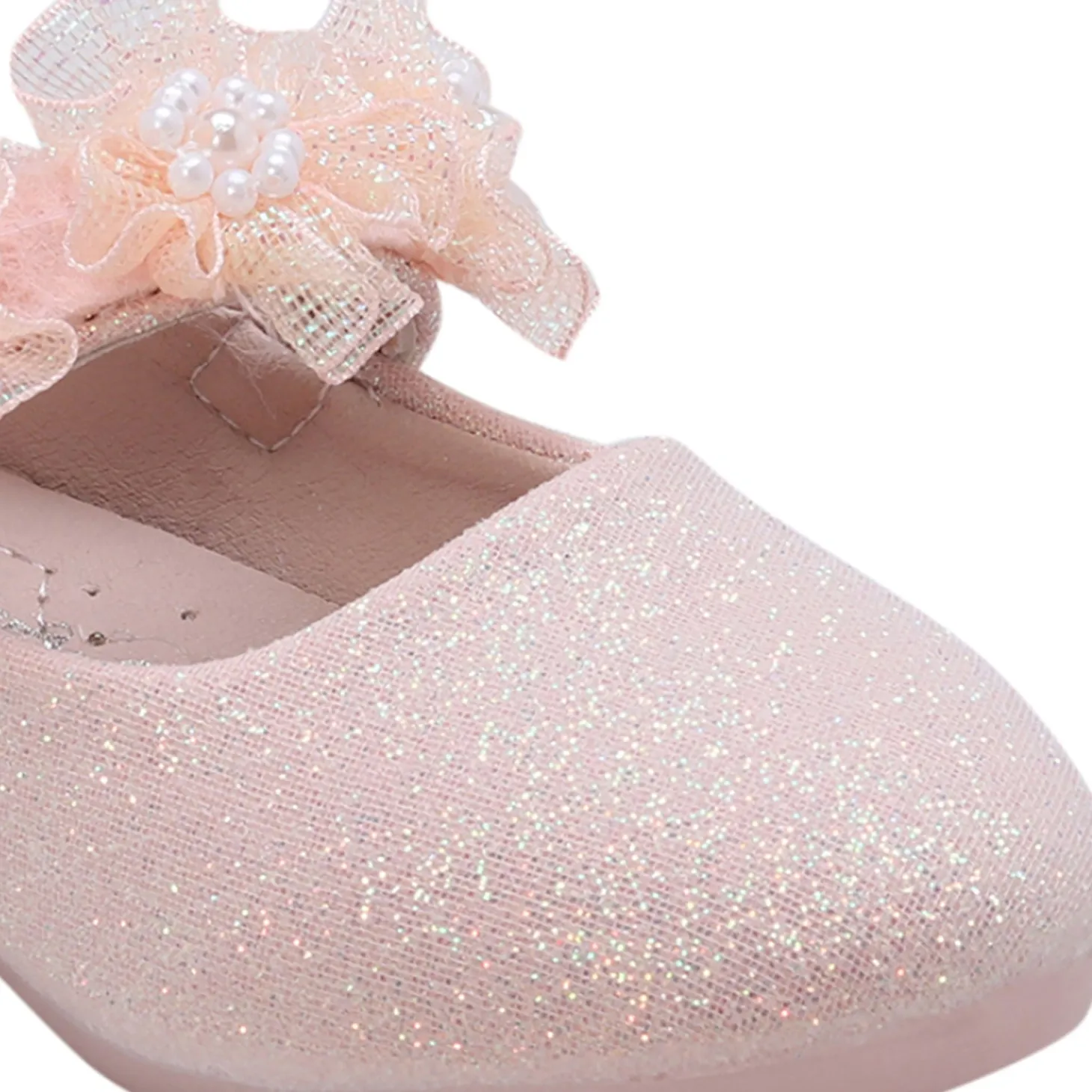 Baby Moo Mary Jane Glittery Floral Applique On Velcro Strap Anti-Skid Ballerina Shoes - Pink