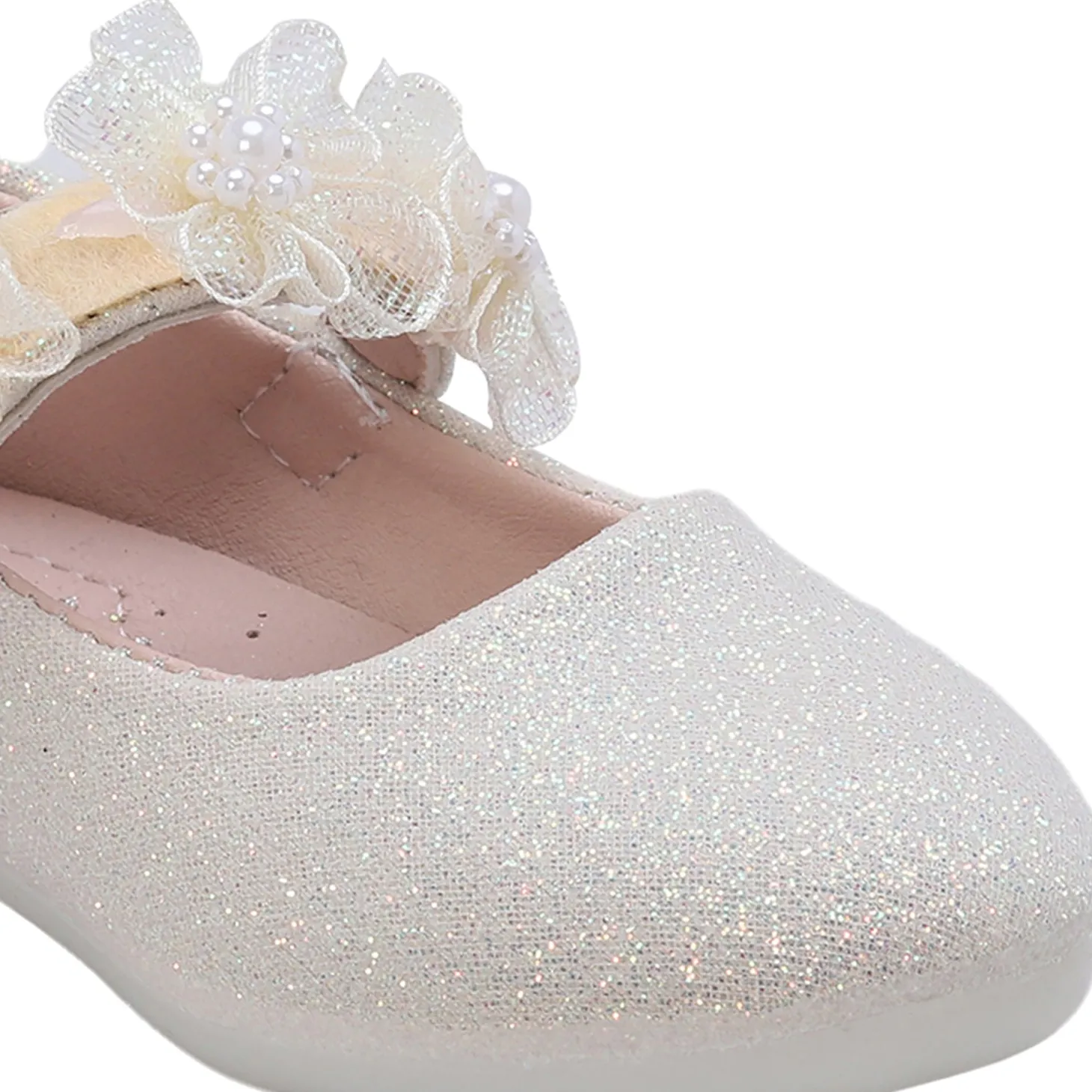 Baby Moo Mary Jane Glittery Floral Applique On Velcro Strap Anti-Skid Ballerina Shoes - Gold