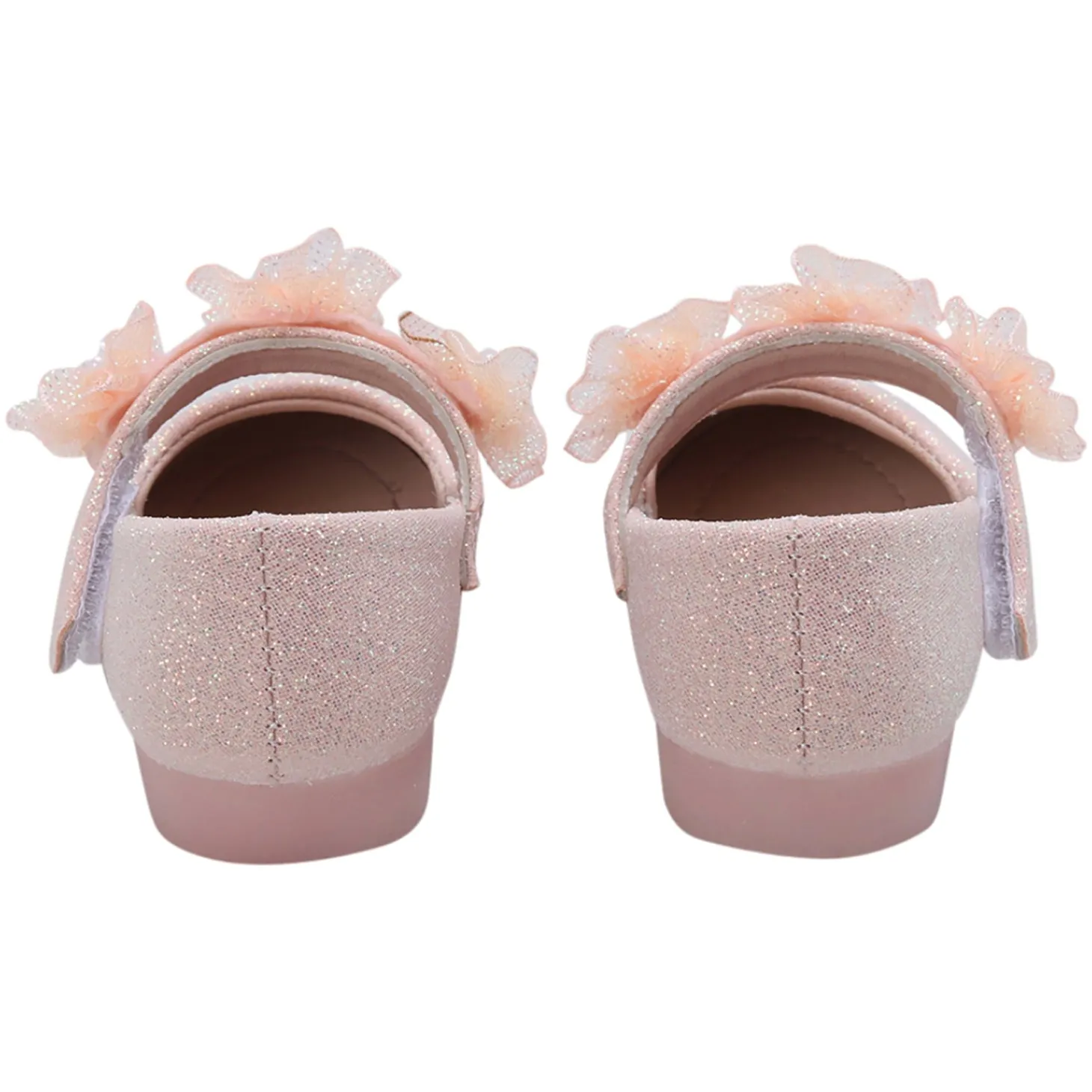 Baby Moo Mary Jane Glittery Floral Applique On Velcro Strap Anti-Skid Ballerina Shoes - Pink