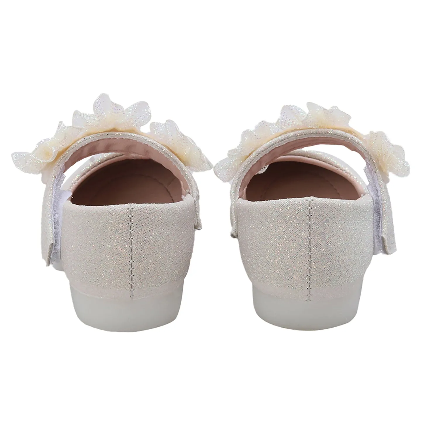 Baby Moo Mary Jane Glittery Floral Applique On Velcro Strap Anti-Skid Ballerina Shoes - Gold