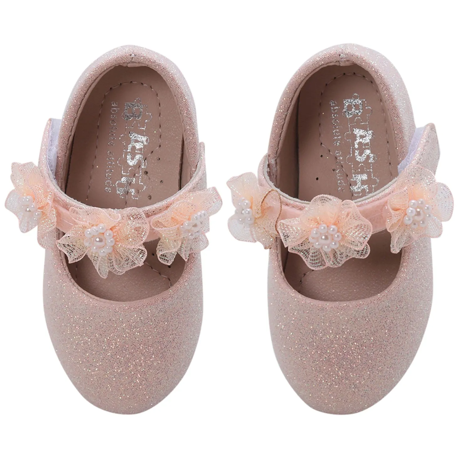 Baby Moo Mary Jane Glittery Floral Applique On Velcro Strap Anti-Skid Ballerina Shoes - Pink