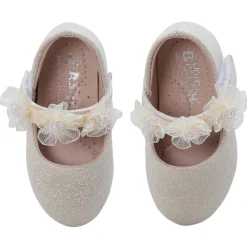 Baby Moo Mary Jane Glittery Floral Applique On Velcro Strap Anti-Skid Ballerina Shoes - Gold