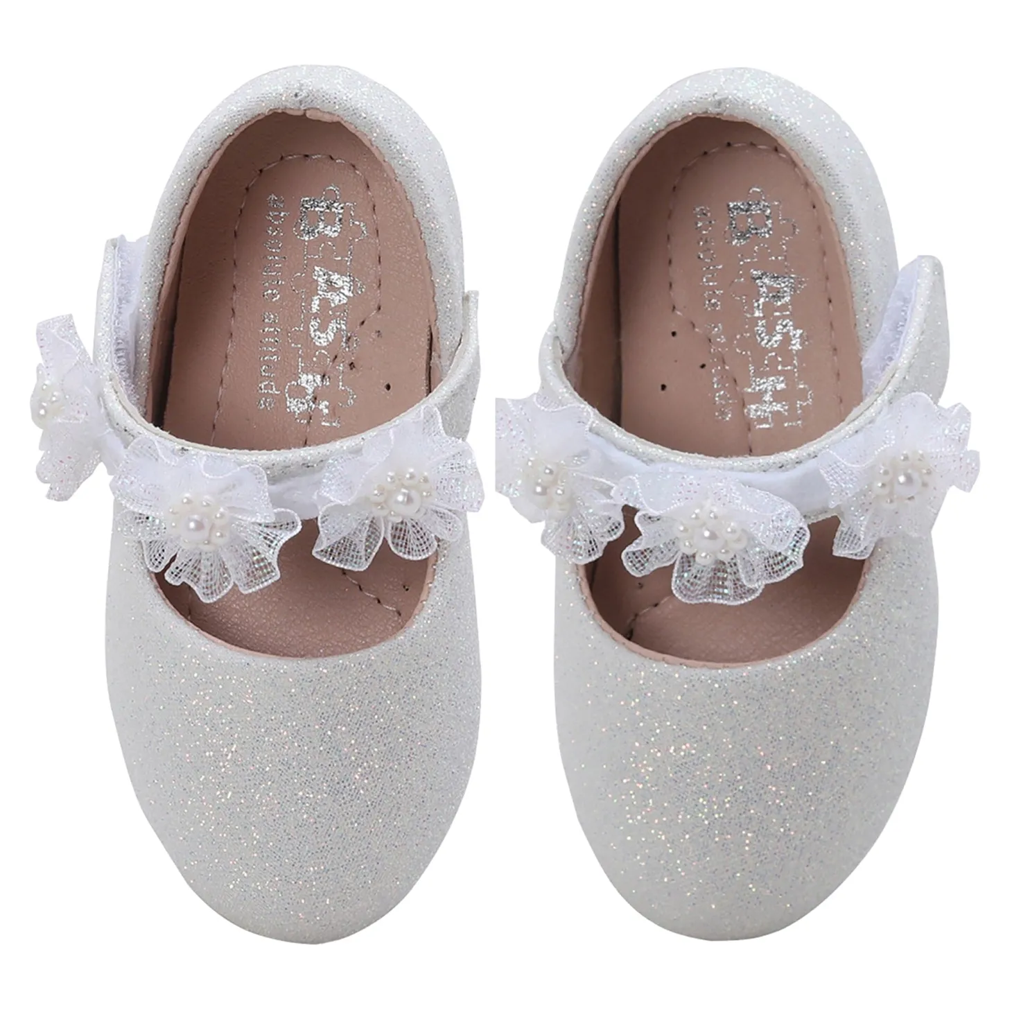 Baby Moo Mary Jane Glittery Floral Applique On Velcro Strap Anti-Skid Ballerina Shoes - White