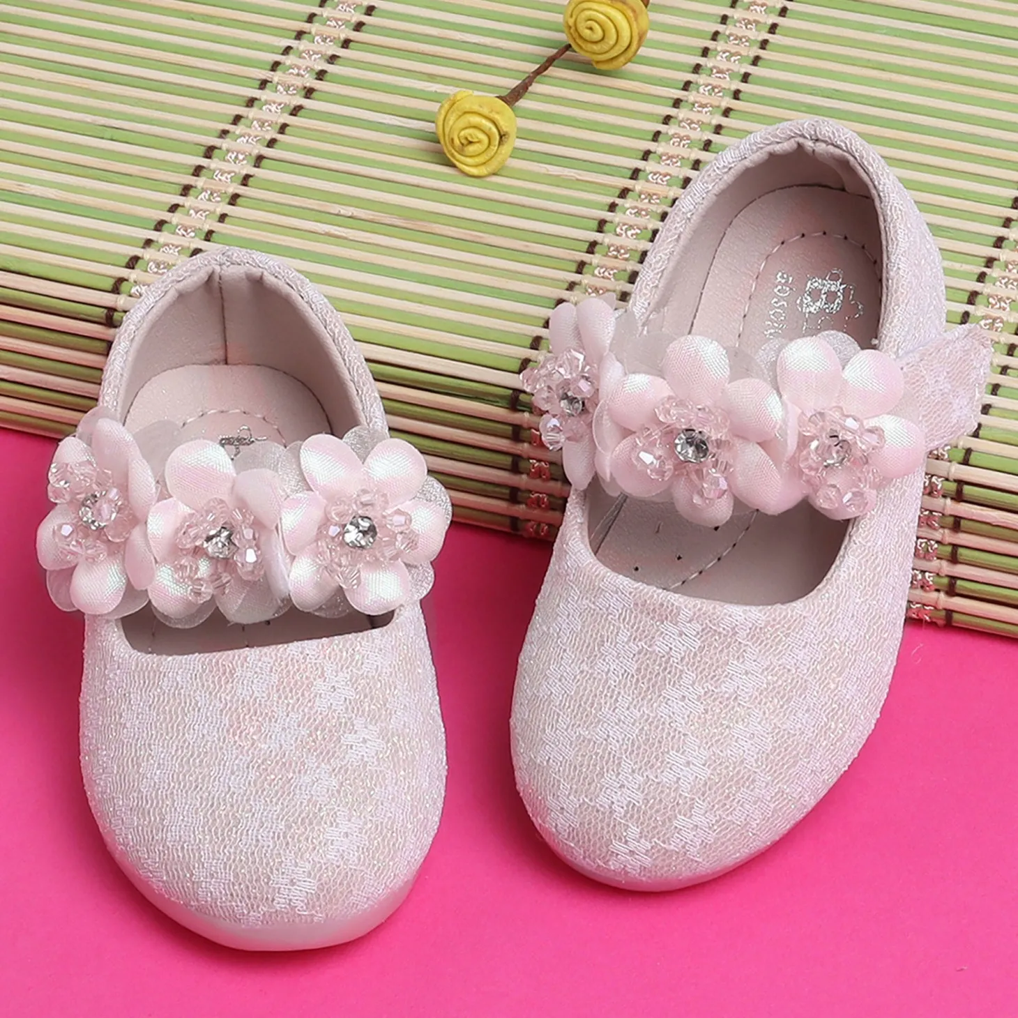 Baby Moo Mary Jane Lace Floral Applique On Velcro Strap Anti-Skid Ballerina Shoes - Pink