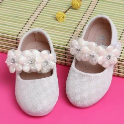 Baby Moo Mary Jane Lace Floral Applique On Velcro Strap Anti-Skid Ballerina Shoes - Gold