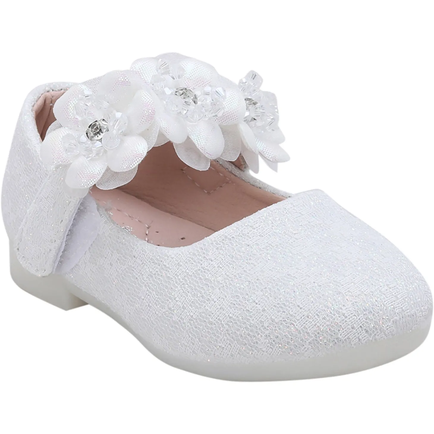 Baby Moo Mary Jane Lace Floral Applique On Velcro Strap Anti-Skid Ballerina Shoes - White