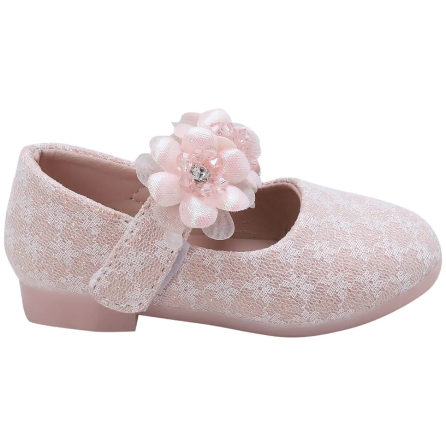 Baby Moo Mary Jane Lace Floral Applique On Velcro Strap Anti-Skid Ballerina Shoes - Pink