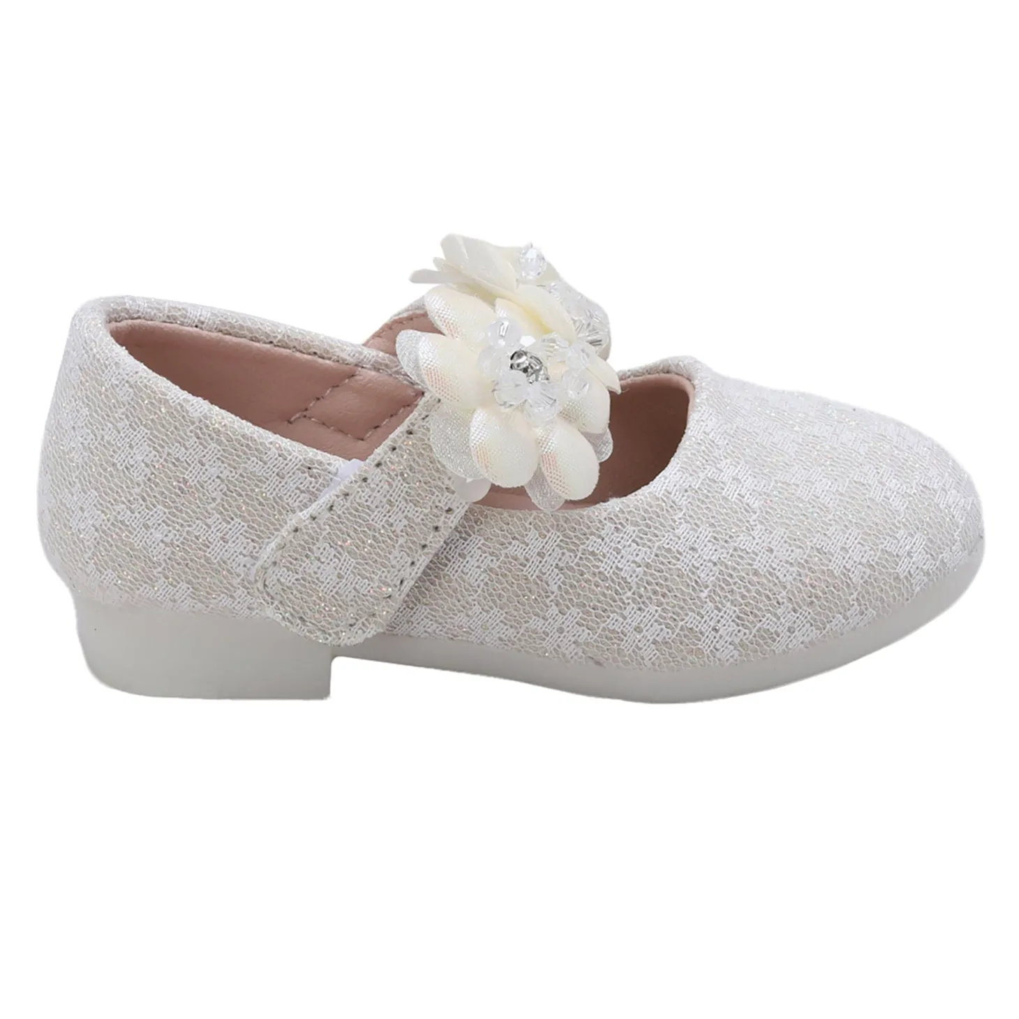 Baby Moo Mary Jane Lace Floral Applique On Velcro Strap Anti-Skid Ballerina Shoes - Gold