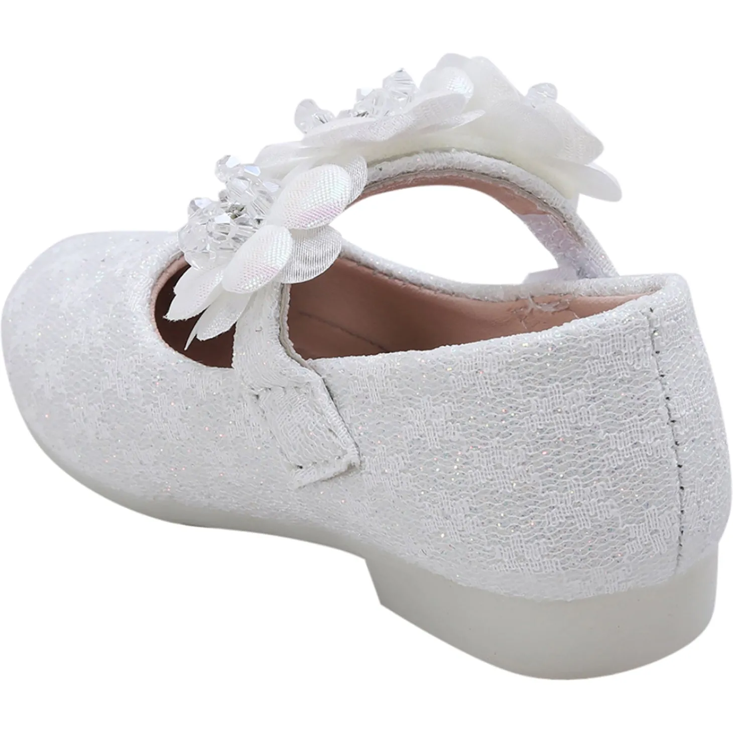 Baby Moo Mary Jane Lace Floral Applique On Velcro Strap Anti-Skid Ballerina Shoes - White