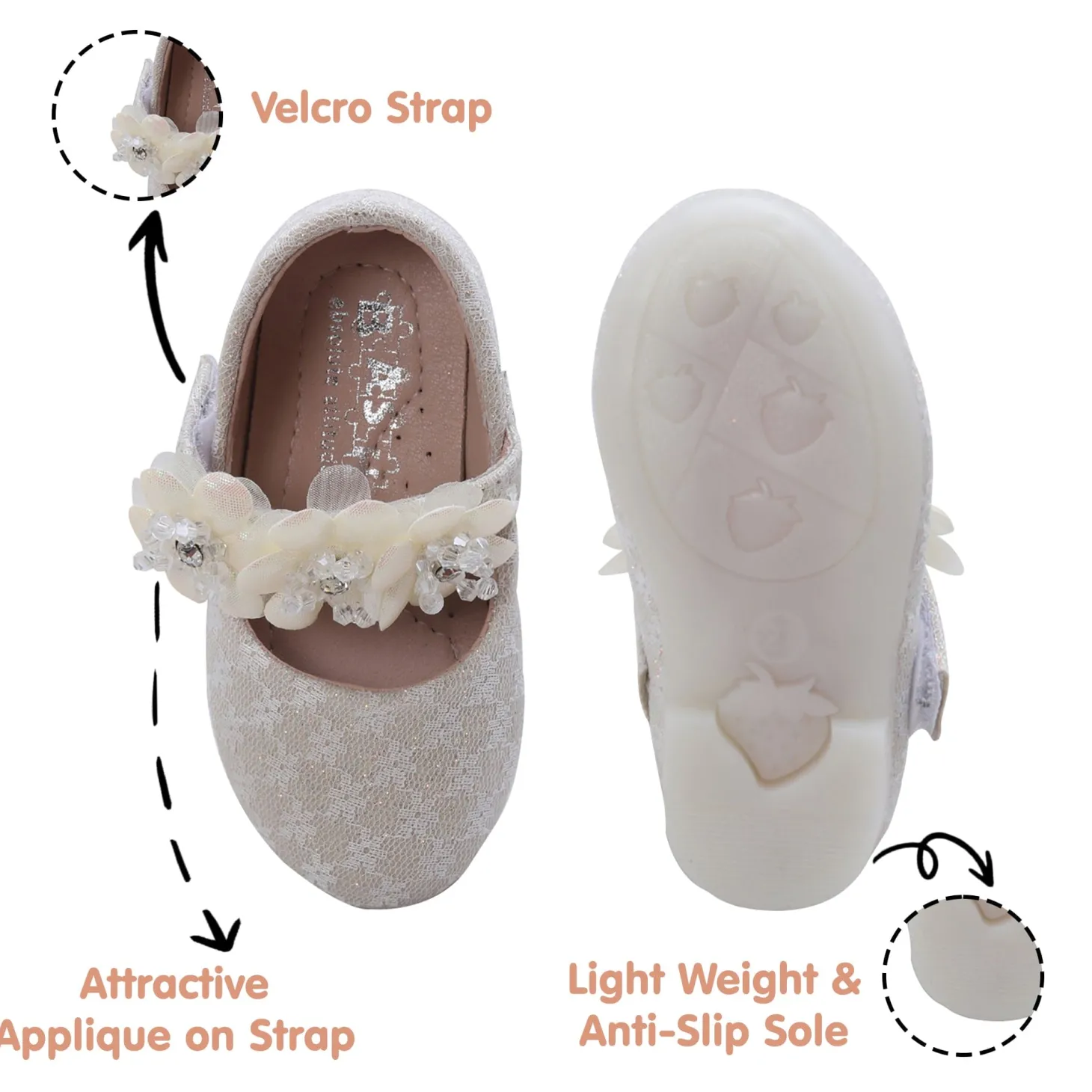 Baby Moo Mary Jane Lace Floral Applique On Velcro Strap Anti-Skid Ballerina Shoes - Gold