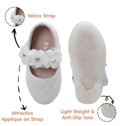 Baby Moo Mary Jane Lace Floral Applique On Velcro Strap Anti-Skid Ballerina Shoes - White