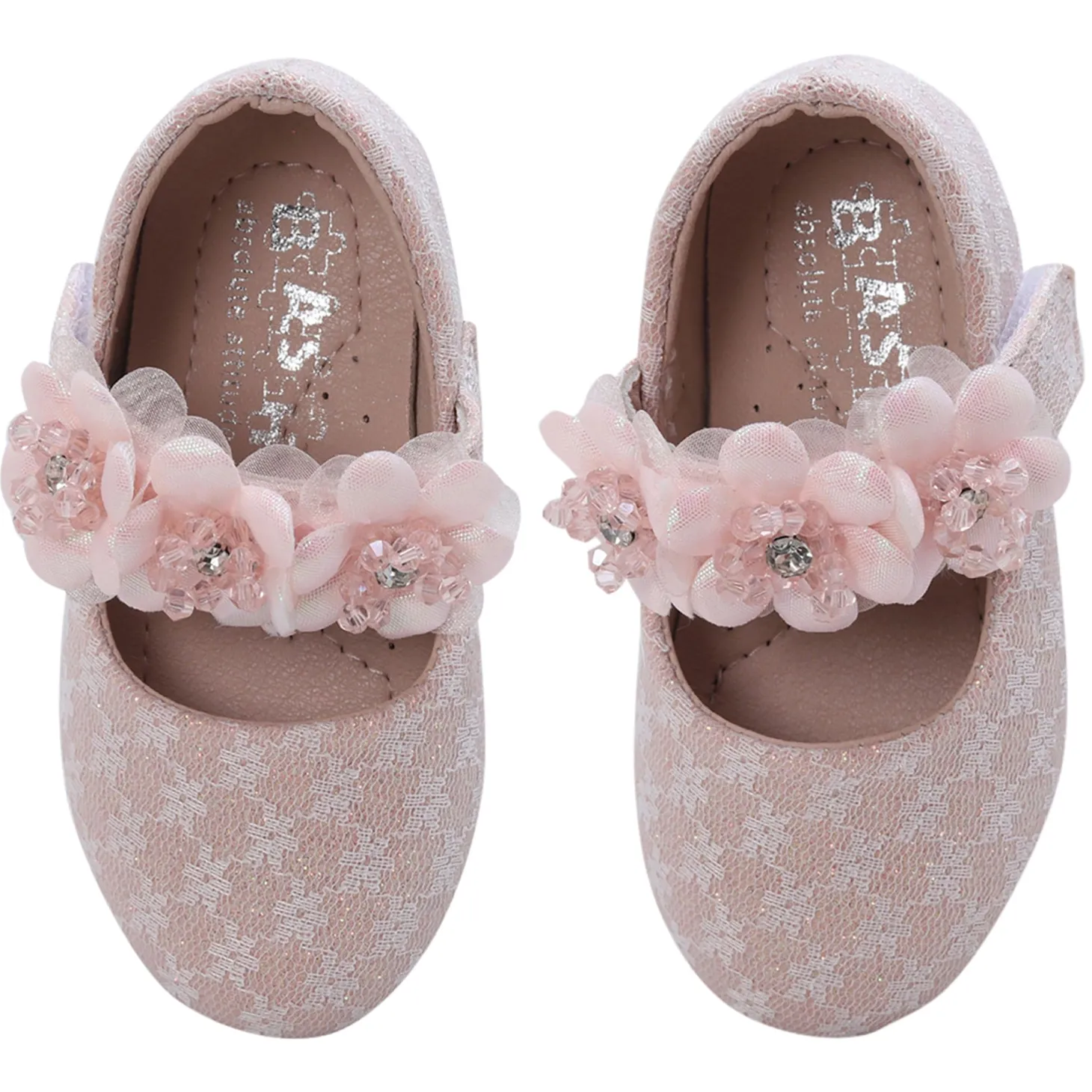 Baby Moo Mary Jane Lace Floral Applique On Velcro Strap Anti-Skid Ballerina Shoes - Pink