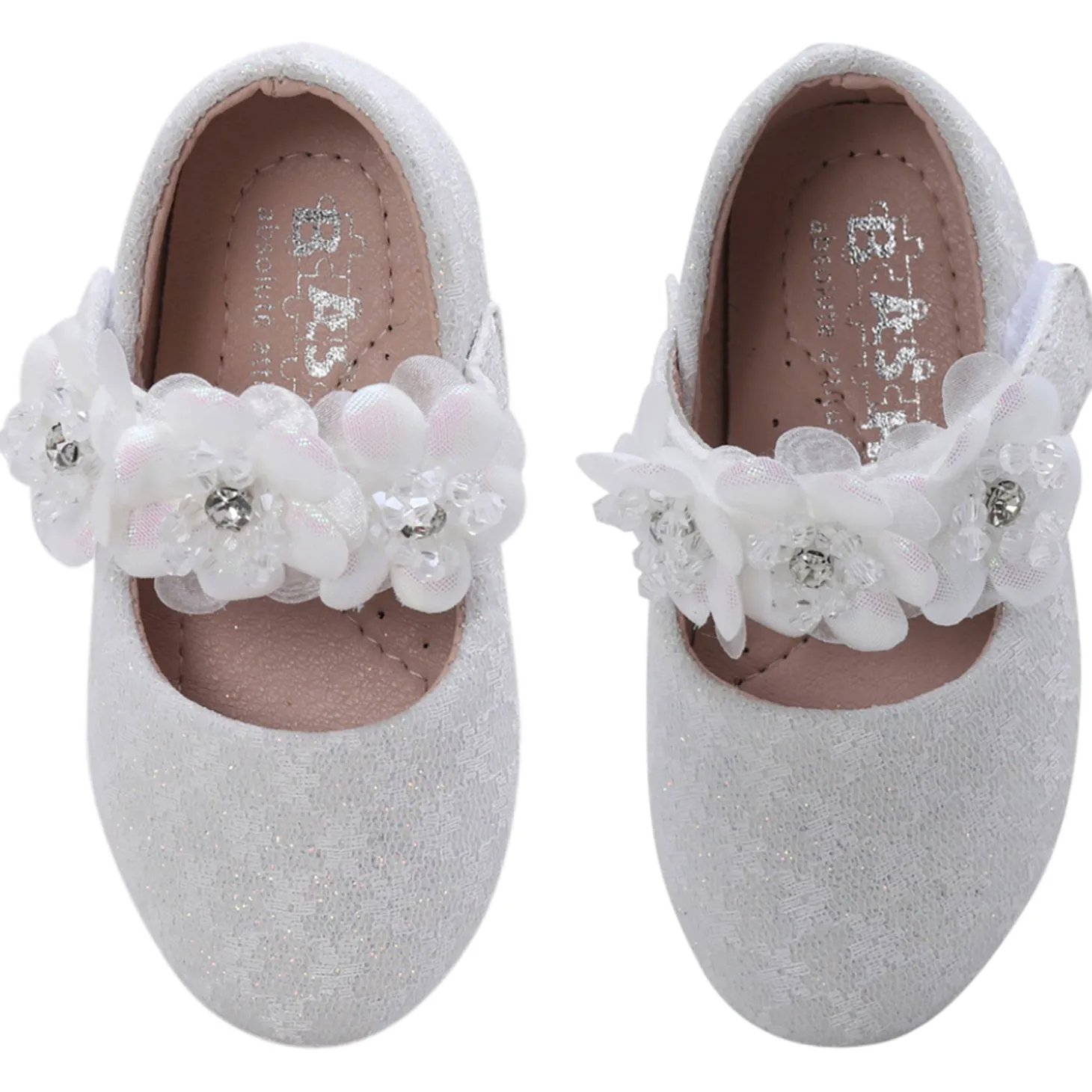 Baby Moo Mary Jane Lace Floral Applique On Velcro Strap Anti-Skid Ballerina Shoes - White