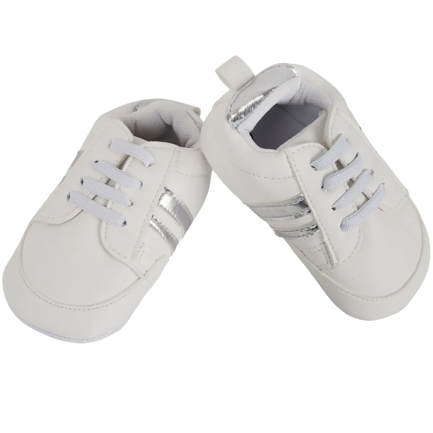 Baby Moo Metallic Silver Striped White Sneakers