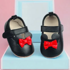 Baby Moo Mini Mouse Bow Velcro Strap Anti-Skid Ballerina Booties - Black