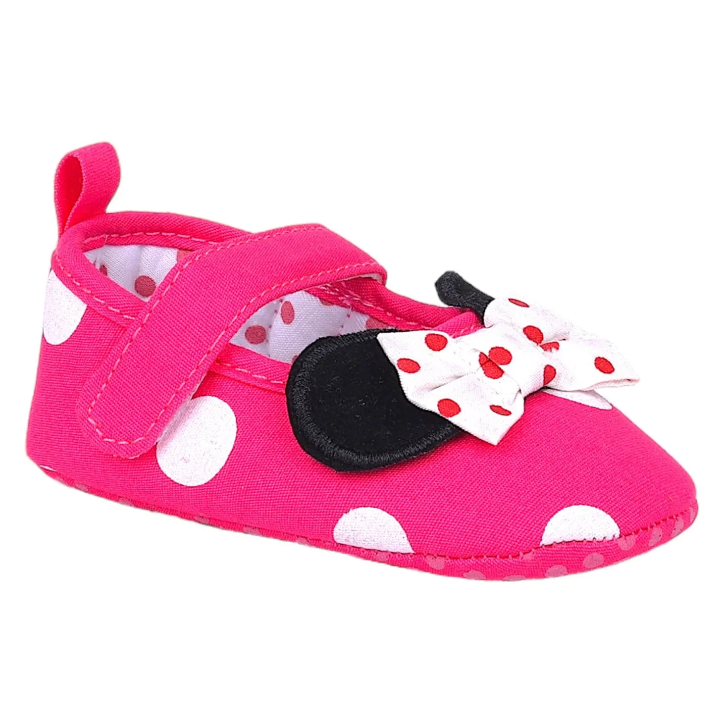 Baby Moo Mini Mouse Bow Velcro Strap Anti-Skid Ballerina Booties - Pink