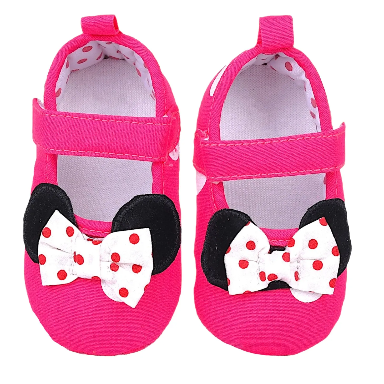 Baby Moo Mini Mouse Bow Velcro Strap Anti-Skid Ballerina Booties - Pink