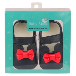 Baby Moo Mini Mouse Bow Velcro Strap Anti-Skid Ballerina Booties - Black