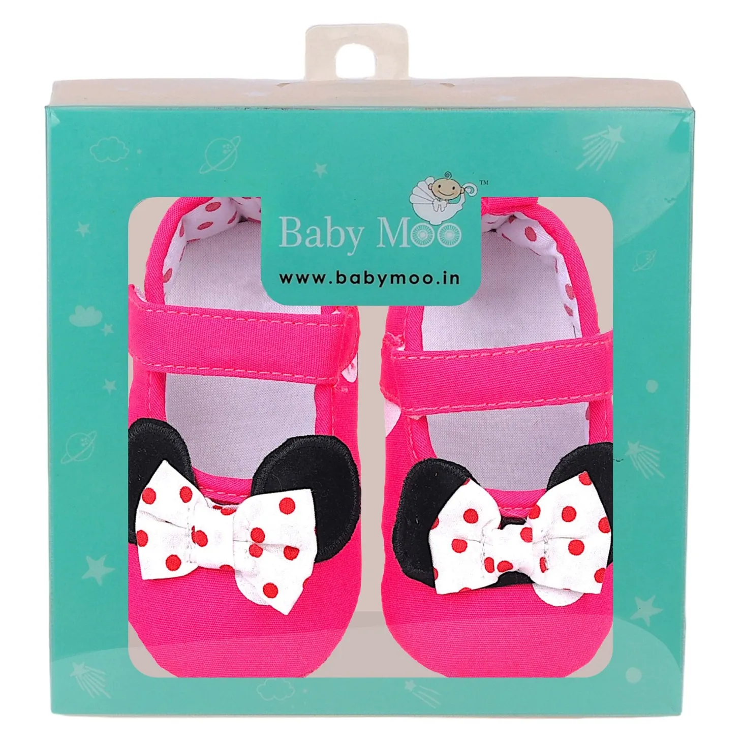 Baby Moo Mini Mouse Bow Velcro Strap Anti-Skid Ballerina Booties - Pink