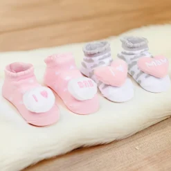 Baby Moo Mom Dad's Heart Cotton 3D Ankle Length Fancy Infant Gift Set of 2 Socks Booties - Pink, Grey