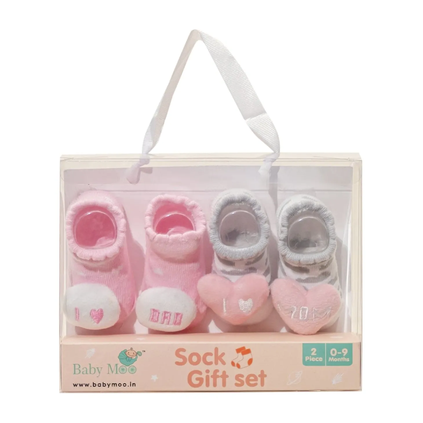 Baby Moo Mom Dad's Heart Cotton 3D Ankle Length Fancy Infant Gift Set of 2 Socks Booties - Pink, Grey