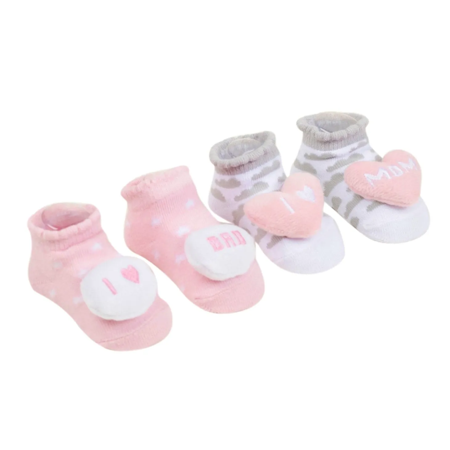Baby Moo Mom Dad's Heart Cotton 3D Ankle Length Fancy Infant Gift Set of 2 Socks Booties - Pink, Grey