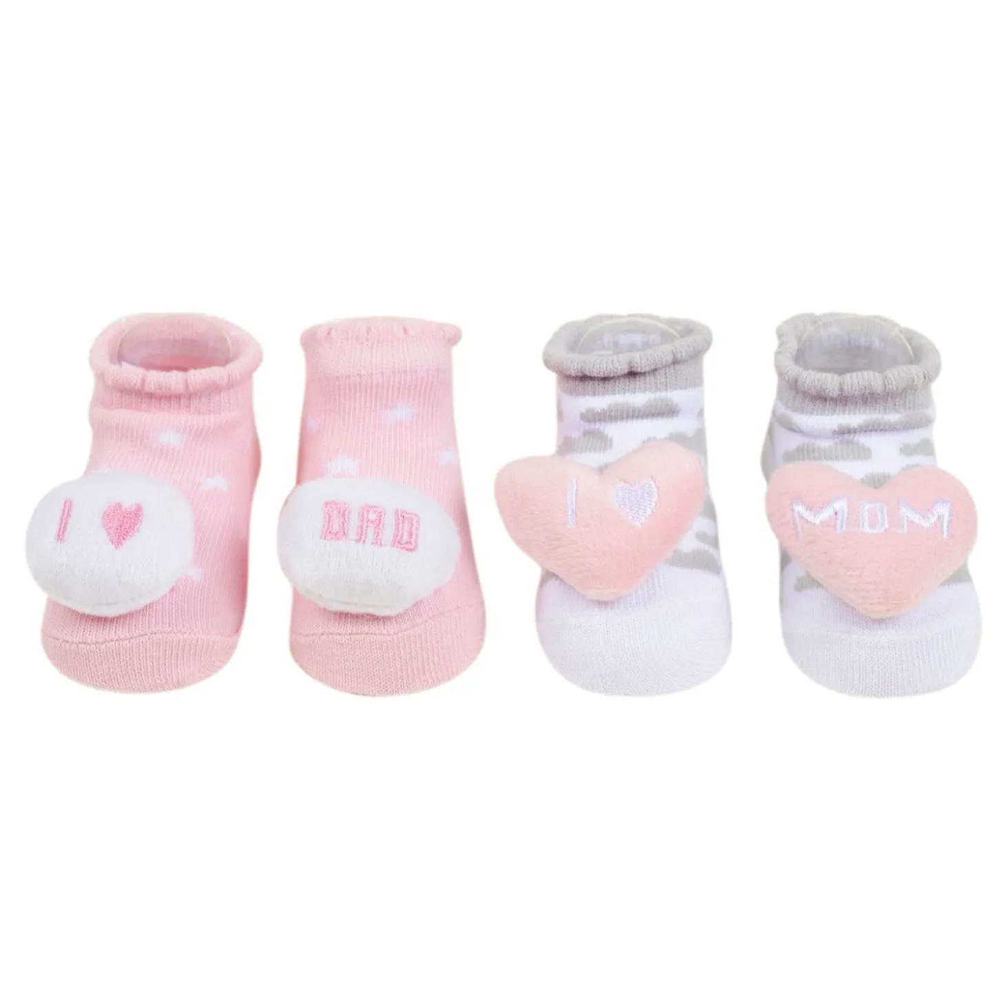 Baby Moo Mom Dad's Heart Cotton 3D Ankle Length Fancy Infant Gift Set of 2 Socks Booties - Pink, Grey