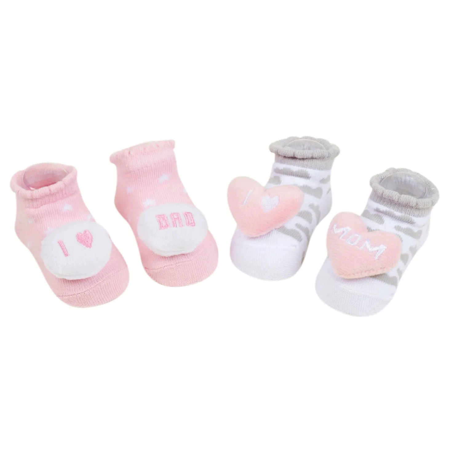 Baby Moo Mom Dad's Heart Cotton 3D Ankle Length Fancy Infant Gift Set of 2 Socks Booties - Pink, Grey