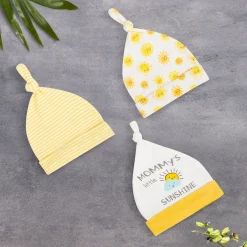 Baby Moo Mommy's Little Sunshine Knotted Infants Ultra Soft 100% Cotton All Season Pack of 3 Caps - Yellow