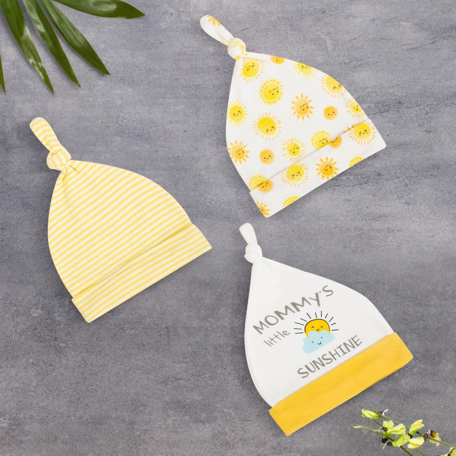 Baby Moo Mommy's Little Sunshine Knotted Infants Ultra Soft 100% Cotton All Season Pack of 3 Caps - Yellow
