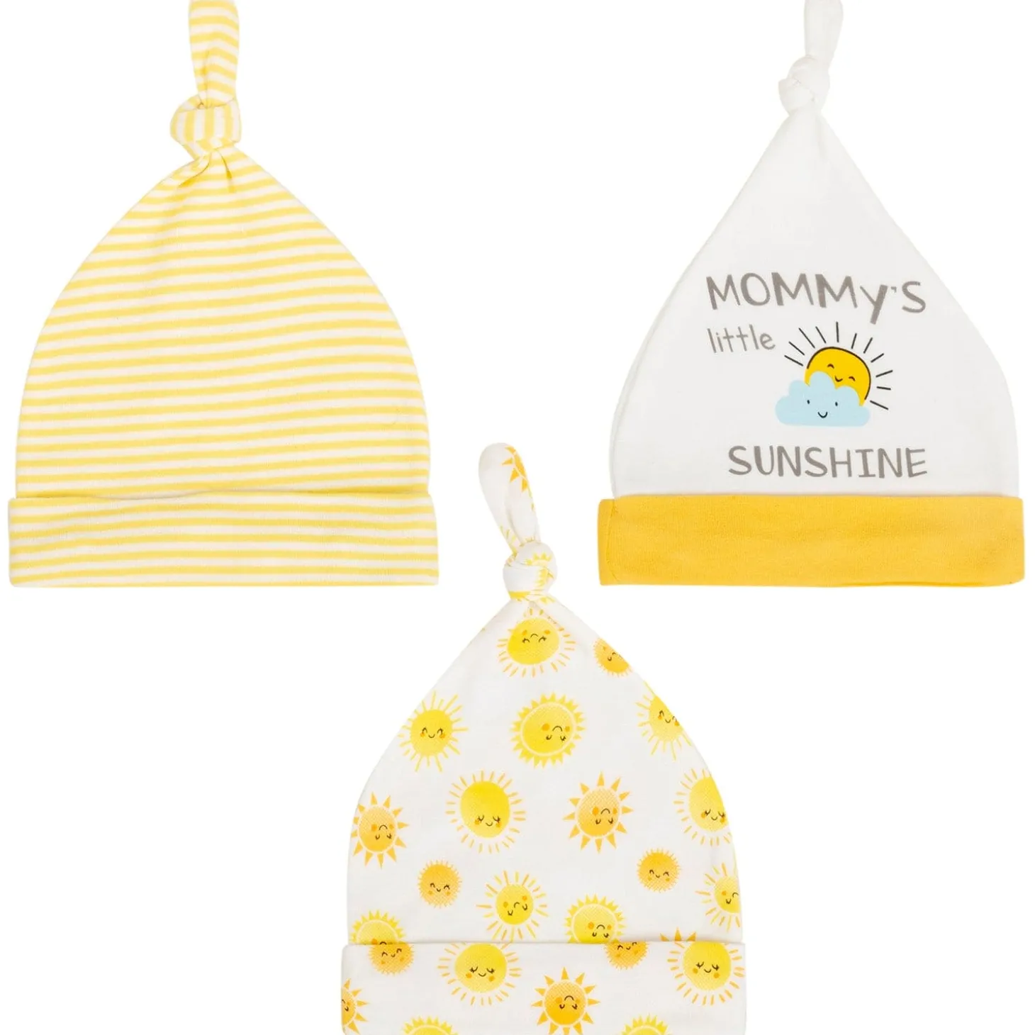 Baby Moo Mommy's Little Sunshine Knotted Infants Ultra Soft 100% Cotton All Season Pack of 3 Caps - Yellow