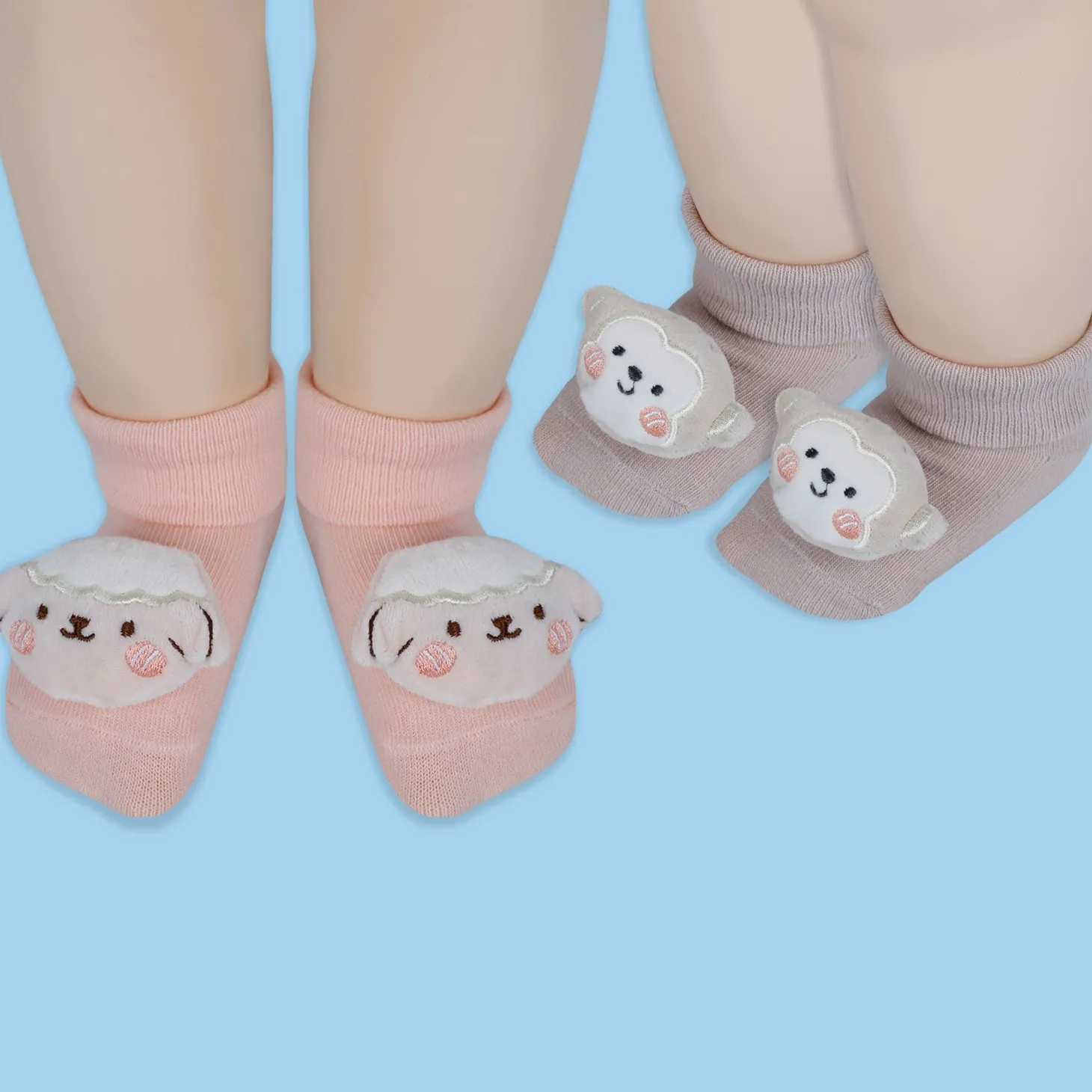 Baby Moo Monkey 3D Rattle Anti-Skid Socks Booties Pack of 2 - Multicolour
