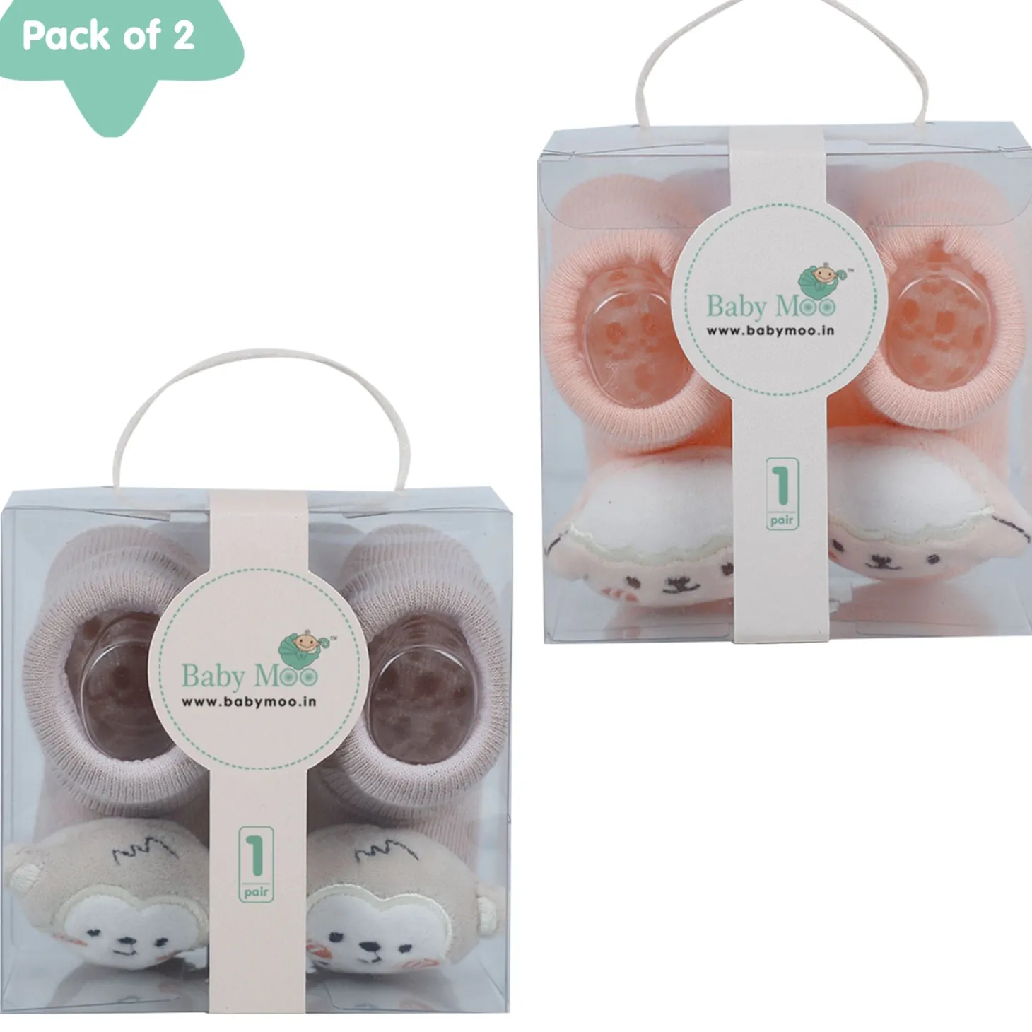 Baby Moo Monkey 3D Rattle Anti-Skid Socks Booties Pack of 2 - Multicolour