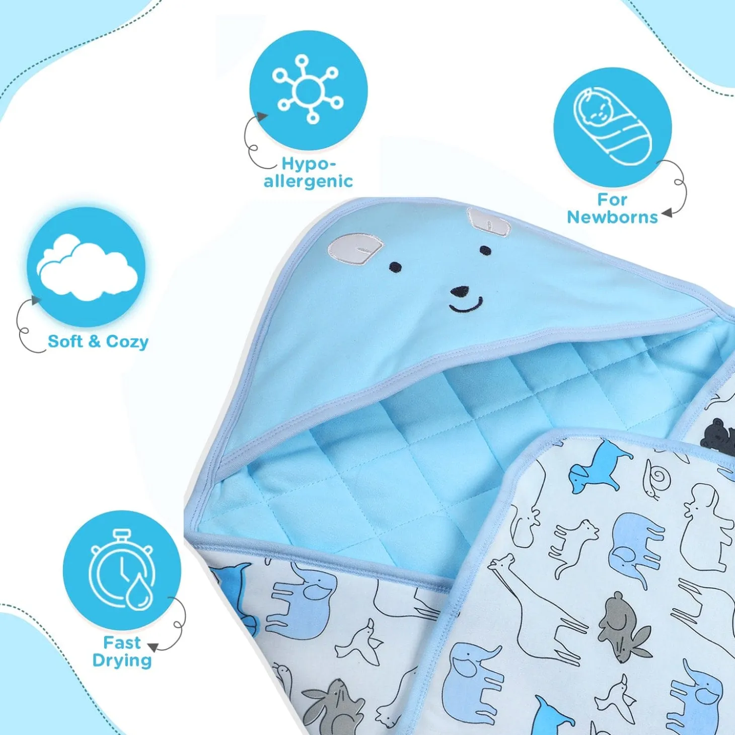 Baby Moo Mr Bear Warm Hooded Quilted Wrapper - Blue
