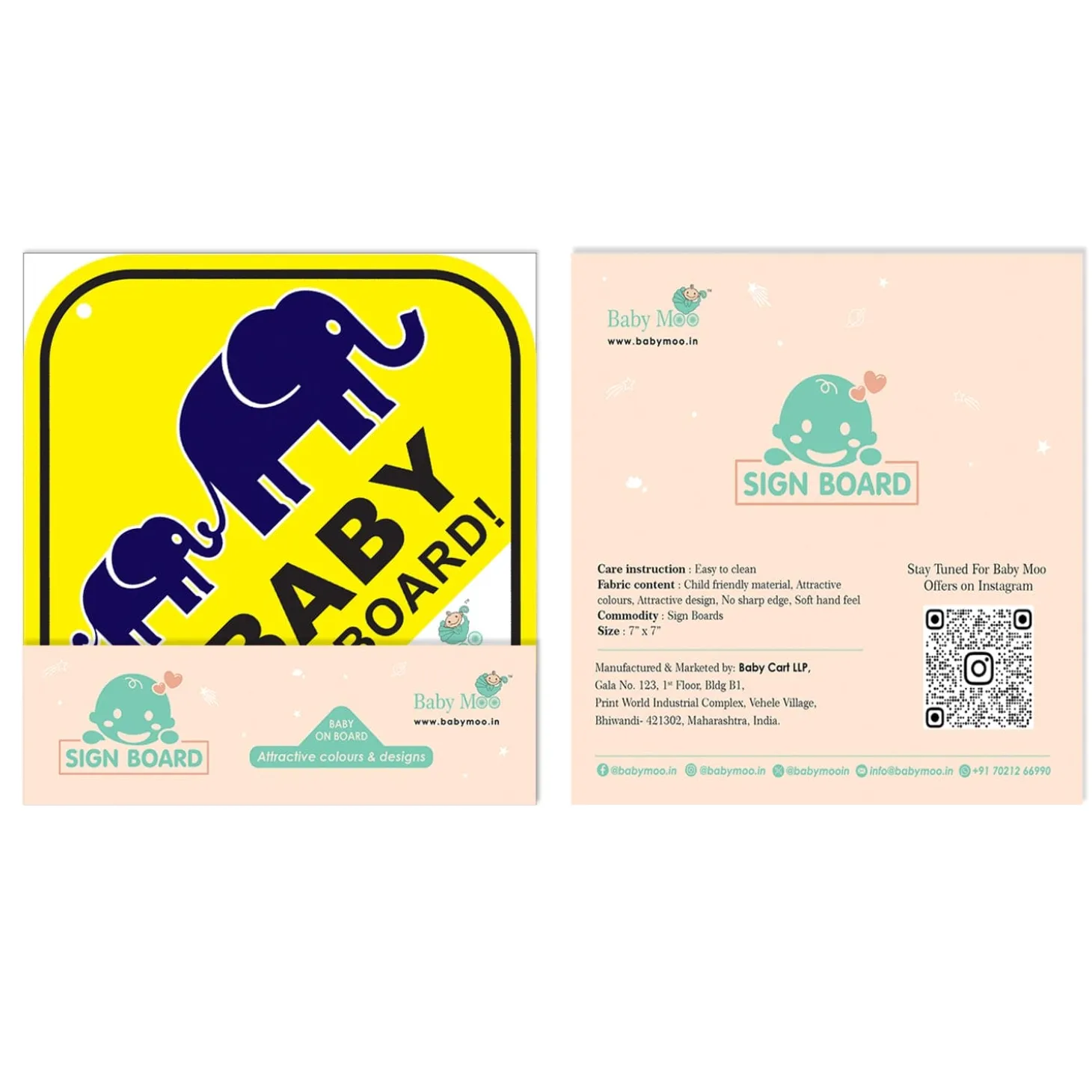 Baby Moo Mumma And Baby Elephant Theme Car Safety Sign With Vacuum Suction Cup Clip - Yellow