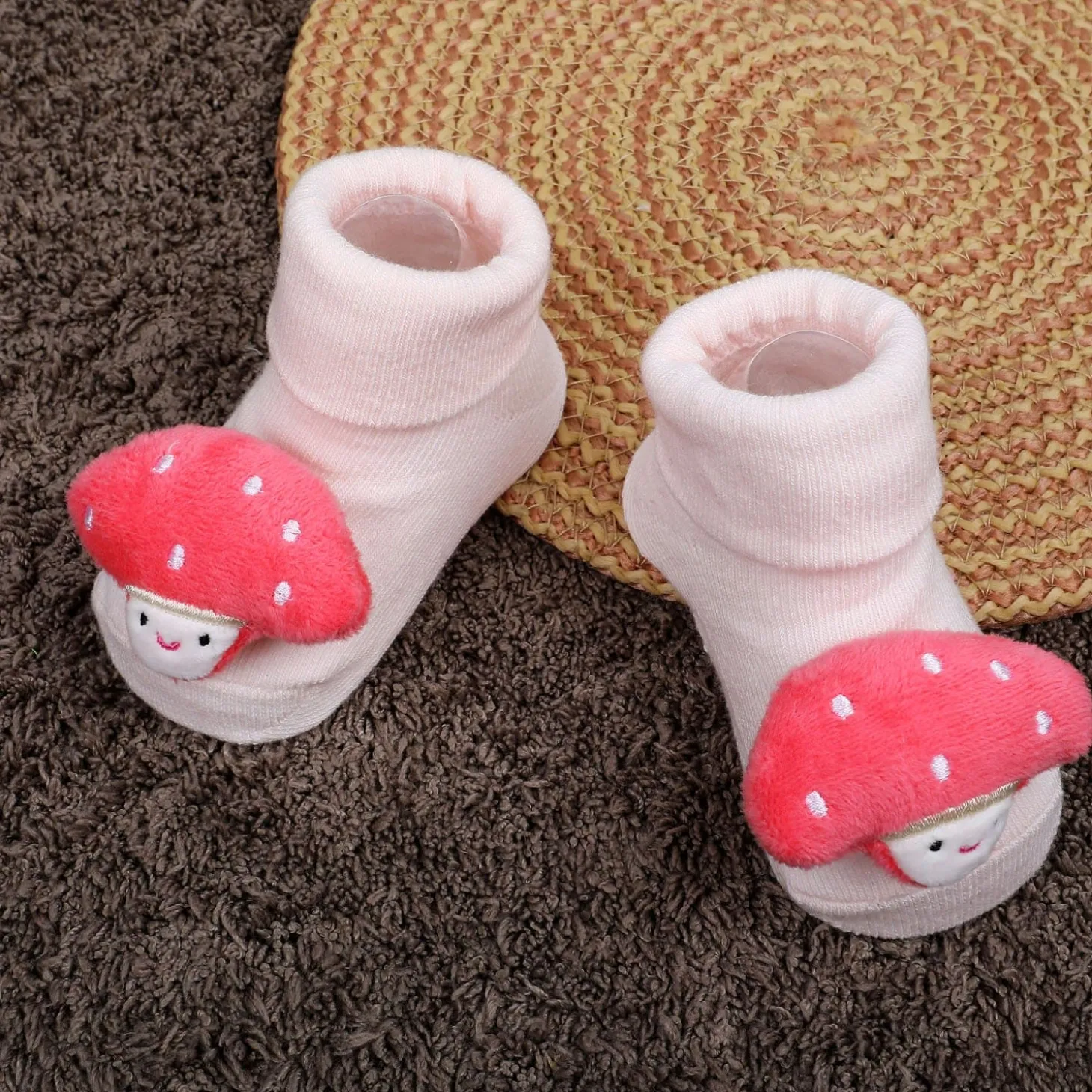 Baby Moo Mushroom Cotton Anti-Skid 3D Socks - Pink