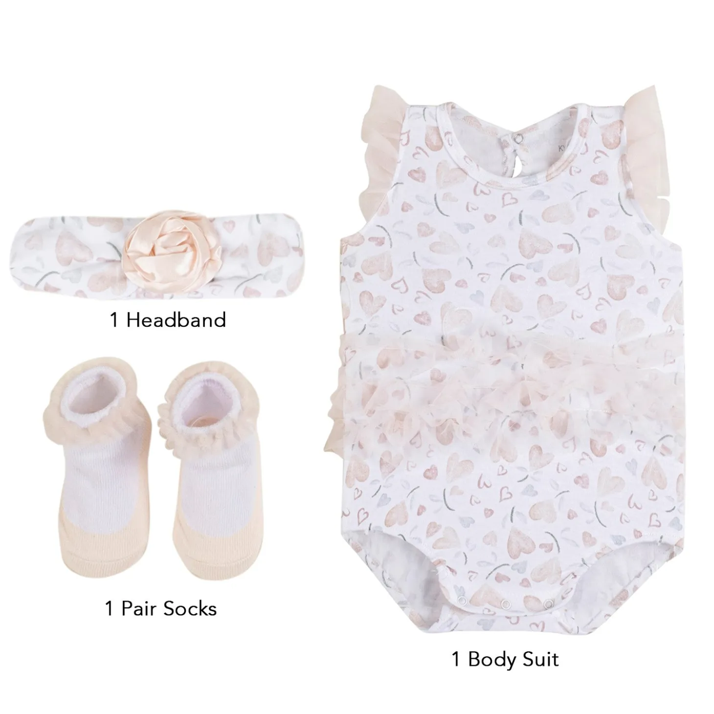 Baby Moo My Little Heart Gift Set 3 Piece With Bodysuit, Socks And Headband - Beige