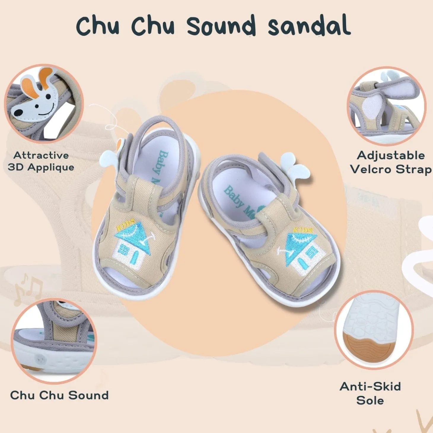 Baby Moo My Pet's House Chu-Chu Sound Breathable Anti-Skid Sandals - Beige