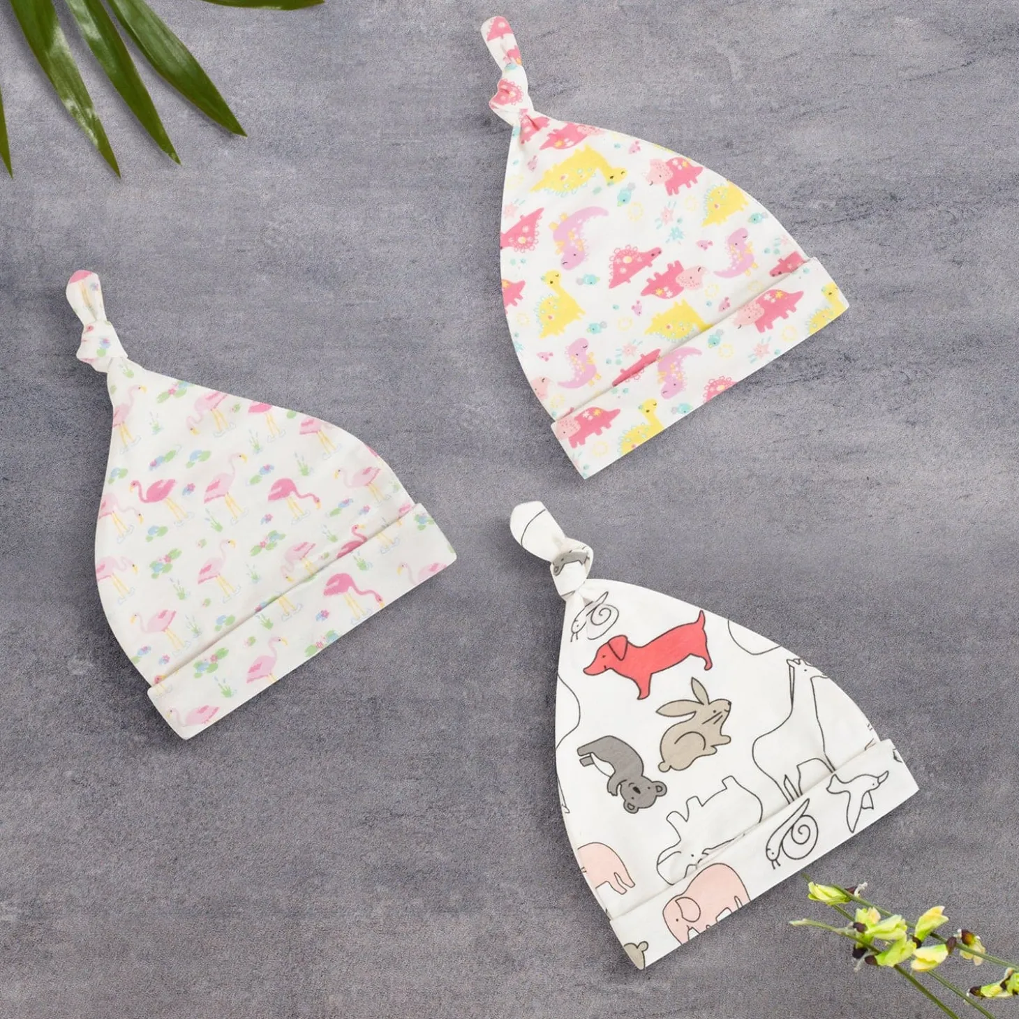 Baby Moo Nature Lover Knotted Infants Ultra Soft 100% Cotton All Season Pack of 3 Caps - White