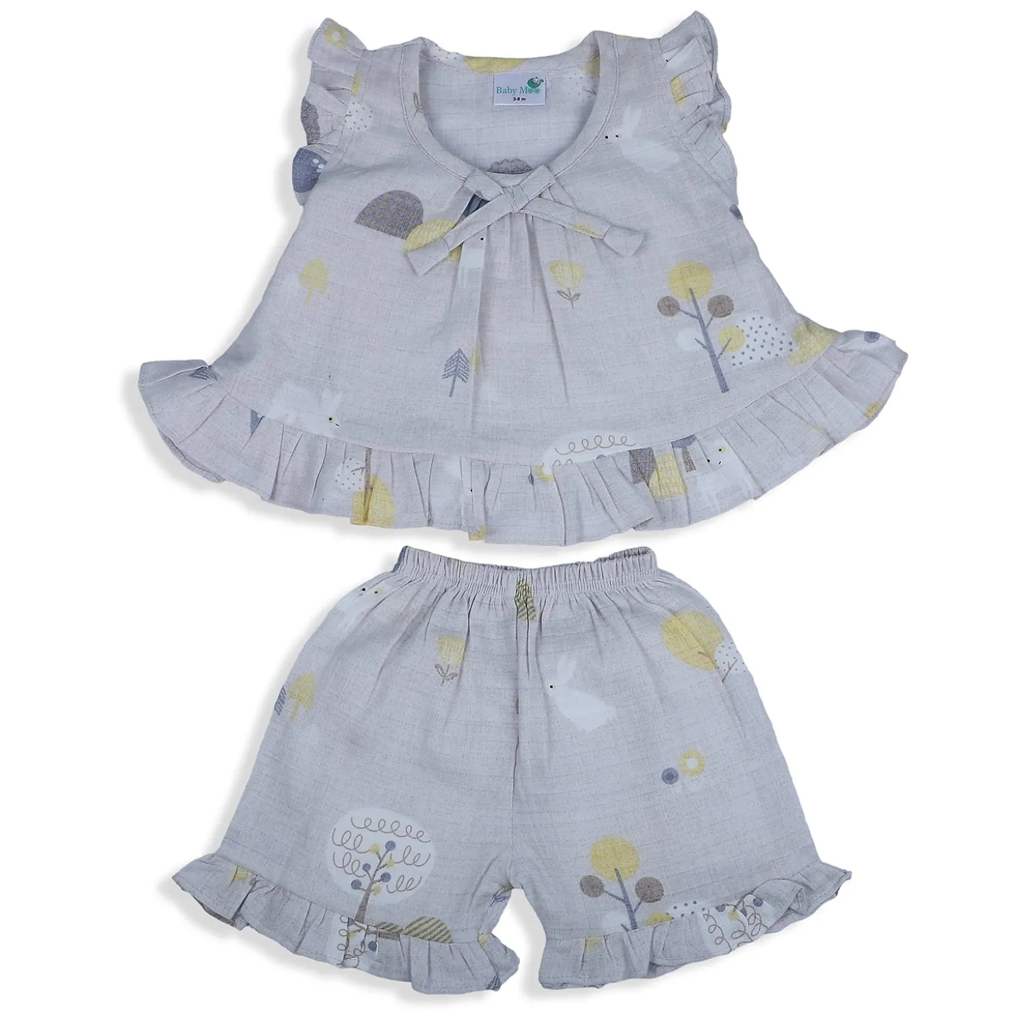Baby Moo Nature Lover Muslin Frilly Top And Shorts Co-ord Set - Grey