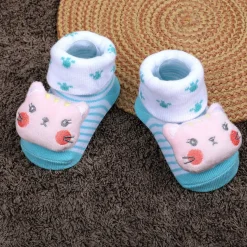 Baby Moo Naughty Cat Cotton Anti-Skid 3D Socks - Blue