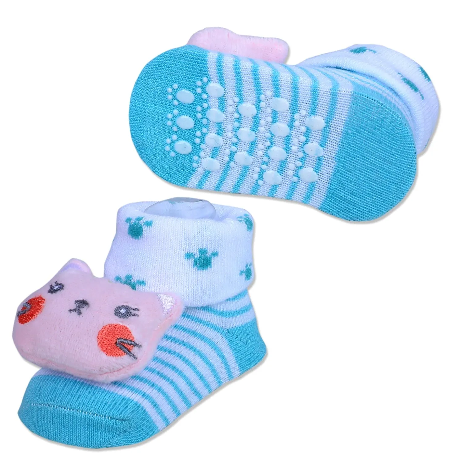 Baby Moo Naughty Cat Cotton Anti-Skid 3D Socks - Blue