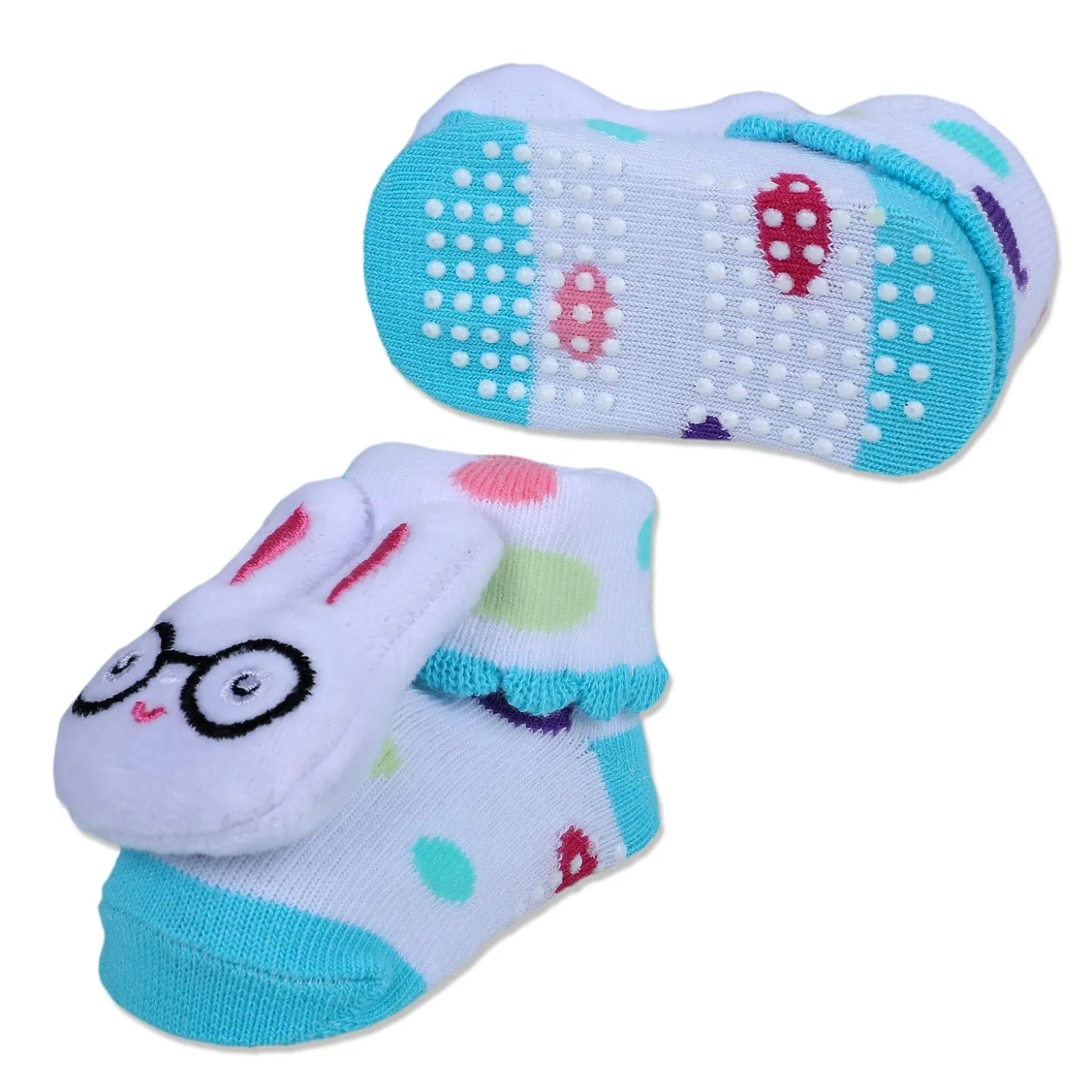 Baby Moo Nerdy Bunny Cotton Anti-Skid 3D Socks - White