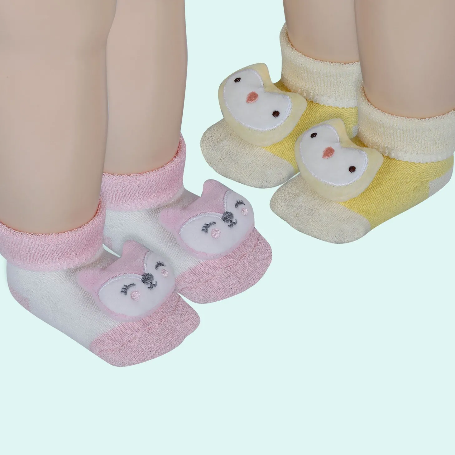 Baby Moo Owl 3D Rattle Anti-Skid Socks Booties Pack of 2 - Yellow, Pink