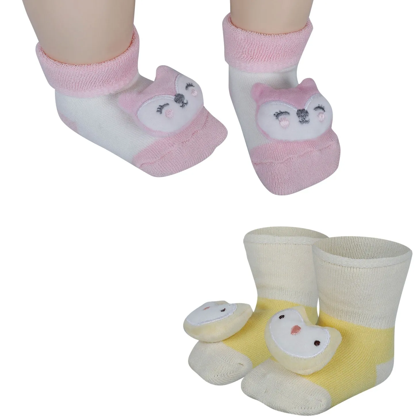 Baby Moo Owl 3D Rattle Anti-Skid Socks Booties Pack of 2 - Yellow, Pink