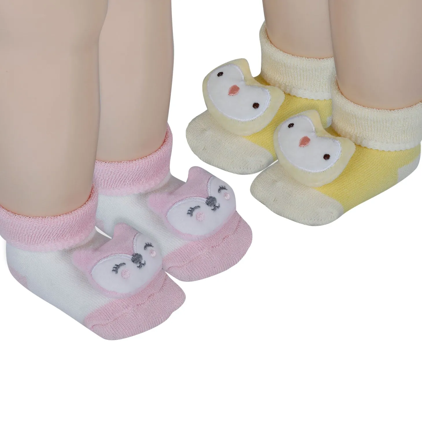 Baby Moo Owl 3D Rattle Anti-Skid Socks Booties Pack of 2 - Yellow, Pink