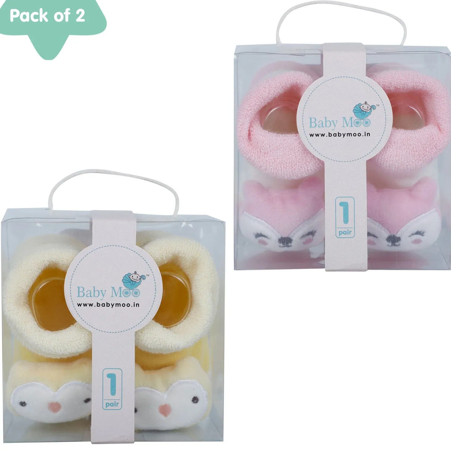 Baby Moo Owl 3D Rattle Anti-Skid Socks Booties Pack of 2 - Yellow, Pink