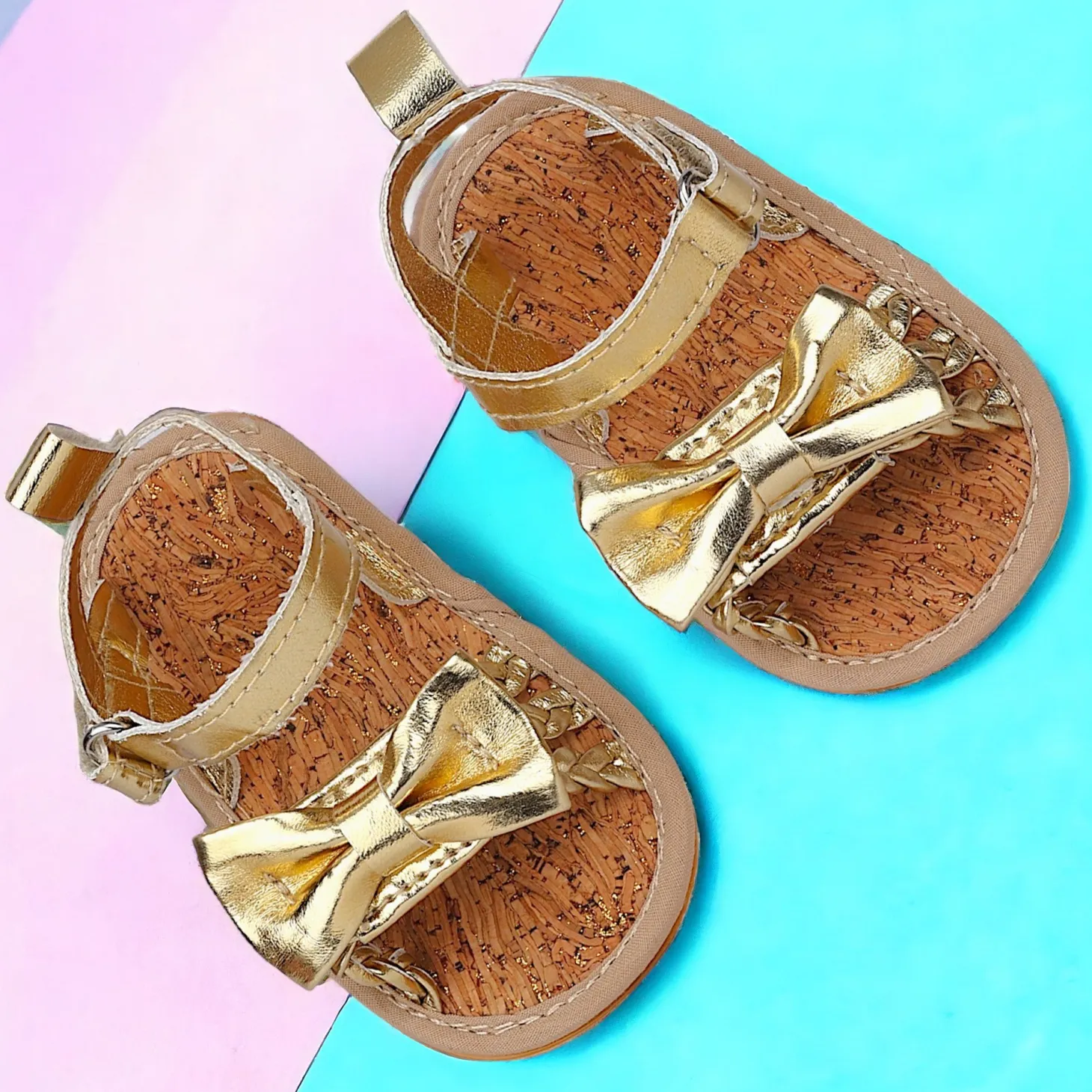 Baby Moo Partywear Patent Leather Bow Velcro Strap Anti-Skid Sandals - Gold, Metallic